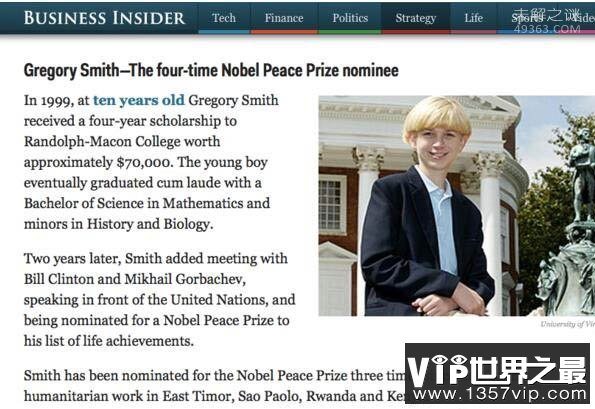 葛烈格里·史密斯：最年轻的诺贝儿和平奖提名者(美国第一神童)